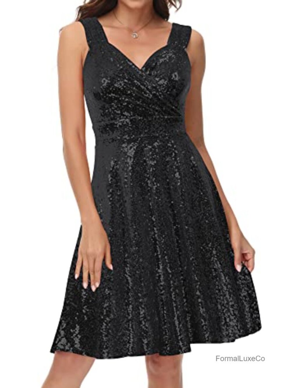 Sparkly Sequin V-Neck A-Line Sleeveless Midi Dress Formal Cocktail Party